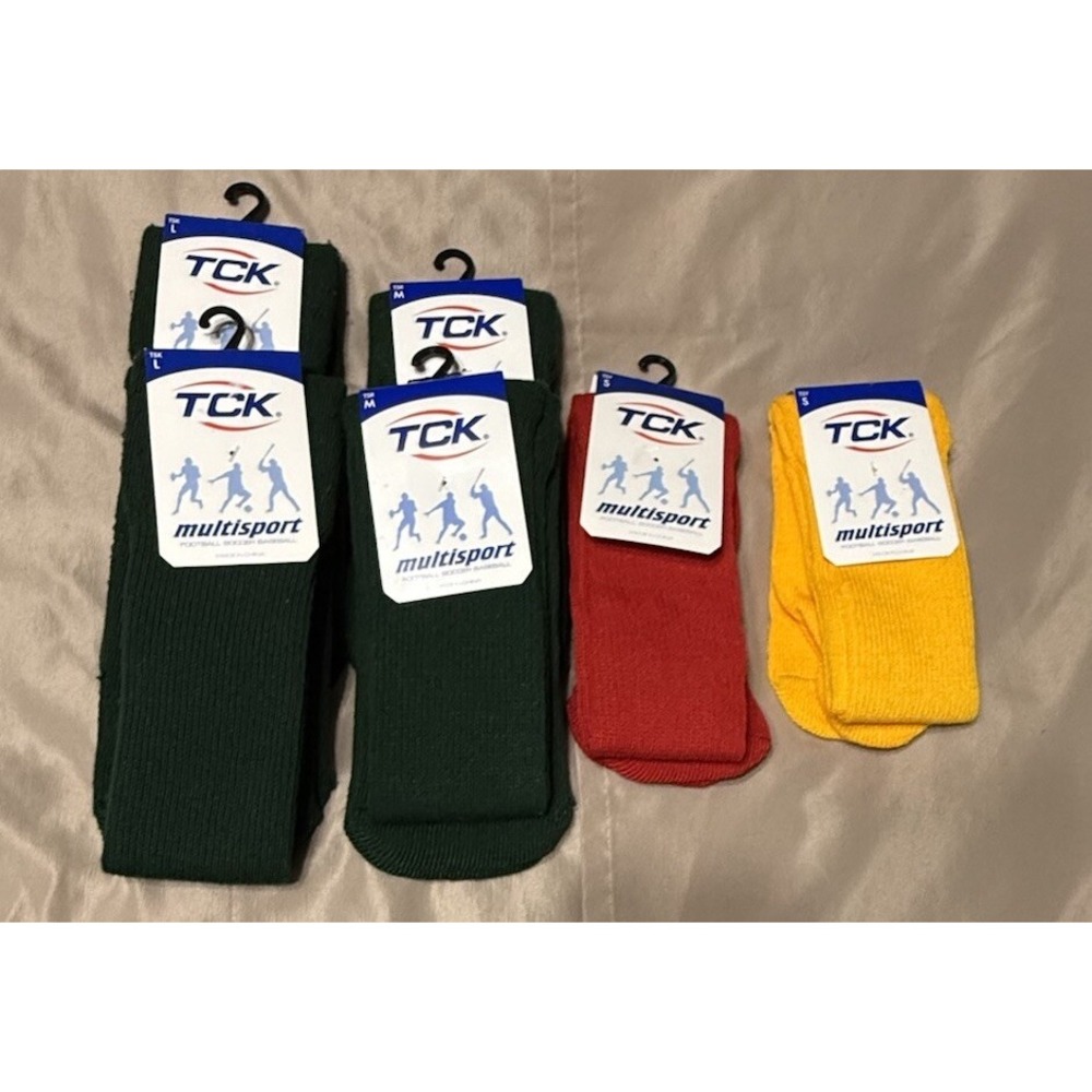 TCK Socks Multi Sport-Soccer-Lot 6Pair-Unisex-S Red(1)& Gold(1),M (2)& L(2)Green